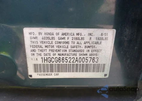 2002 Honda Accord 2.3 Lx from USA, damaged, VIN 1HGCG66522A005763